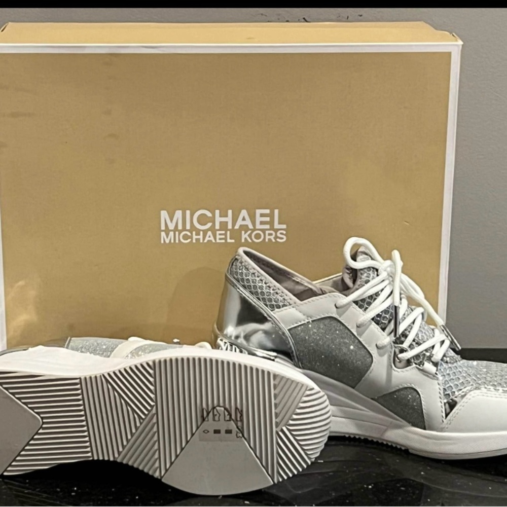 Michael Kors Metallic Silver and White Sneakers - Picture 4 of 4